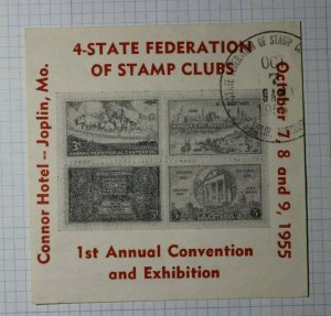 4 State Federation Of Stamp Club Show 1955 Joplin MO Philatelic Souvenir Label