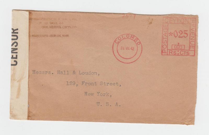 CEYLON - USA 1942 CENSOR (L/35) COVER, METERED 25c RATE (SEE BELOW)