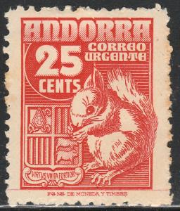 ANDORRA-SPANISH E5, SQUIRREL, COAT OF ARMS. UNUSED, HR, OG. (173)