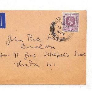 HH67 1934 Malacca Strait Settlements Cover GB London {samwells-covers}PTS