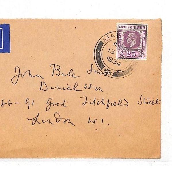 HH67 1934 Malacca Strait Settlements Cover GB London {samwells-covers}PTS