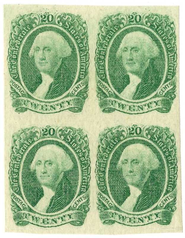 CSA #13 20c Green Washington Mint NH, OG, XF Block of 4 ,Full Margins (1863)
