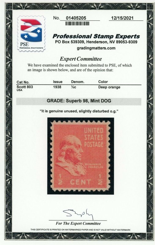 US Stamp #803 Benjamin Franklin 1/2 C - PSE Cert - SUPERB 98 - MNH - SMQ $85.00