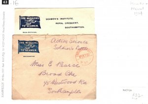 GB WW1 Hants NAVAL Cover Southampton Seamen's Institute Contents 1914 63.16