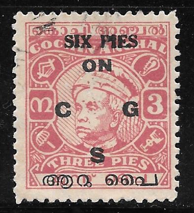 India Travancore-Cochin O8: 6p on 3p Maharaja Sri Kerala Varma, used, F