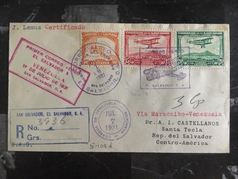 1931 Salvador first flight Registered cover FFC To Maracaibo Venezuela