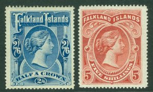 SG 41/42 Falklands 1898. 2/6 deep blue & 5/- red. Lightly mounted mint...