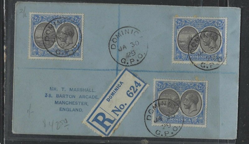 DOMINICA  COVER (P1902B)  1929  KGV 2 1/2DX3    BOAT ON  REG  COVER TO ENGLAND