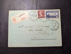 1933 Registered France Postcard Cover Laigle to Rugles