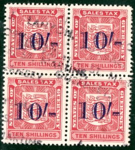 GB Channel Islands GUERNSEY Revenue Stamps 10s SALES TAX Used BLOCK{4} G2WHITE36
