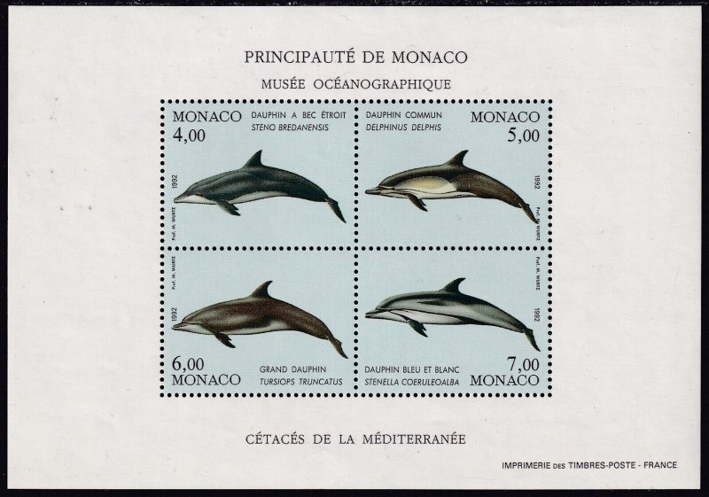 Sc# 1813 Monaco 1992 Dolphins S/S souvenir sheet MNH CV $11.50 