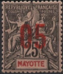 Mayotte 26 (mhr) 5c on 25c navigation & commerce, black on rose (1912)