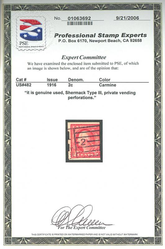 U.S. #482 Used Schermack Type 3 with PSE Cert