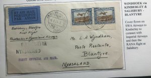 1934 Windhoek South West Africa First Flight Cover FFC To Blantyre Nyasaland