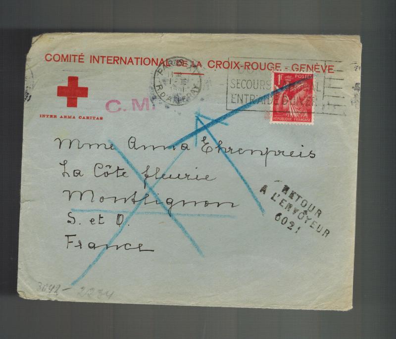 1941 PAris France Red Cross Censored Occupation Cover Returned to Sender