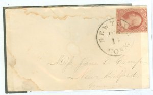 US 11 1856 3c George Washington single on a petite Lady's cover postmarked Newtown, CT June 11 (1856)