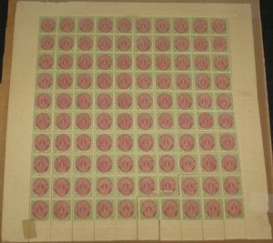 DWI #5 1¢ bicolor, pr. VIII, Complete sheet of 100 NH/H, Facit for singles $6900