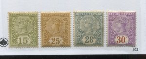 Ceylon QV 18886-1900 15, 25, 28 and 30 cents mint o.g. hinged