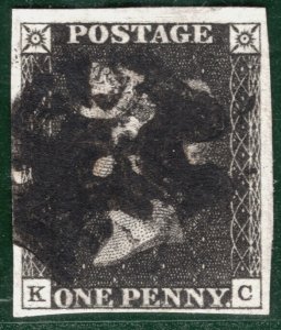 GB PENNY BLACK 1840 QV Stamp SG.2 1d Plate 7 (KC) VARIETY AS46g Cat £450+ REDB9