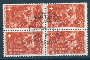 SWITZERLAND, 20 Rp. SEMIPOSTAL1941, VFU BLOCK OF 4 - CANCEL FROM NATIONAL DAY!