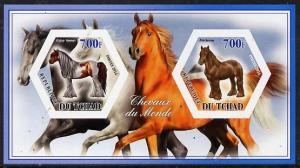 Chad 2014 Horses #3 imperf sheetlet containing two hexago...