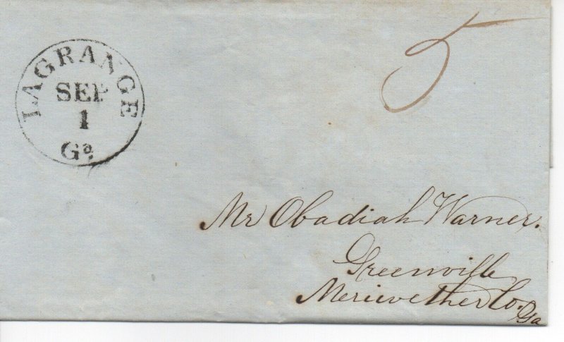 Georgia Stampless Cover, Lagrange Sept 1, 1846 - No Contents