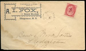 ?SHOCAMO, N.B. split ring 1900 advertising cover Canada