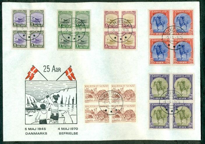 GREENLAND 1970, 25 year Liberation Anniversary covers (2) franked w/complete set