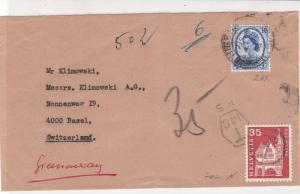 England to Switzerland Postings to Pay Stamps Cover Ref 25270