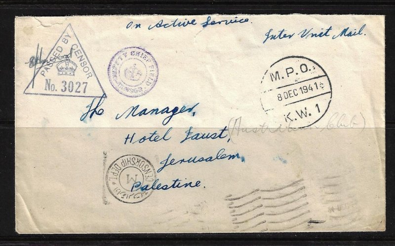 UK GB EGYPT 1941 WWII TO JERUSALEM PALESTINE INTER UNIT MAIL MPO KW 1 TRIPLE CEN