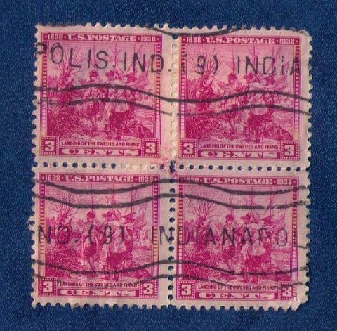 US Sc 836 Used Zip Block Of Four 1st Landing Swedes & Finns Bright Color (1938):