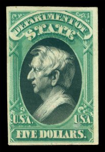 US 1873 OFFICIALS - State Depart. -Seward $5 grn Sc# O69 plate proof on card pp