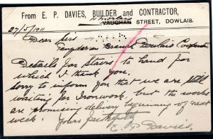 GB WALES Card *30 5 11* PERFIN ARRVIAL DATED Dowlais Manchester 1911 PE279 