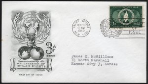 United Nations SC#13 3¢ Human Rights Day FDC (1952) Addressed