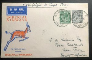 1931 Kampala Uganda KUT First Flight Cover FFC To Capetown South Africa Xmas