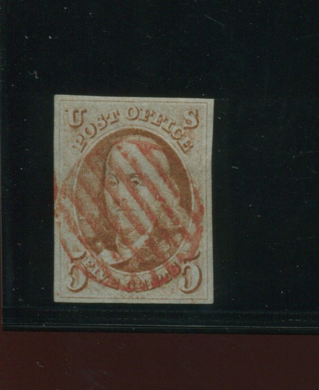 Scott 1 Franklin Imperf Used Stamp with Nice Cancel (Stock 1-A14)