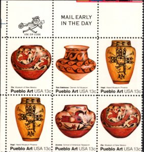 Scotts #1706-9  13c  Pubelo Art  Mail Early+Zip Block of 6, MNH