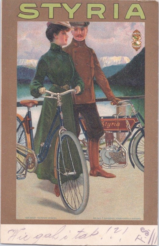 Early Styria Bicycle Advertising Pretty Lady & Uniformed Man c1909 Austria ZAYIX