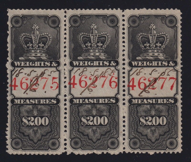 Canada VD #FWM12 (1876) $2 black Weights & Measures Revenue Used Strip