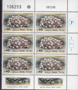 Israel 1986 Corner Block of Six Stamps with 2 Tabs Red Sea Coral  VF/NH