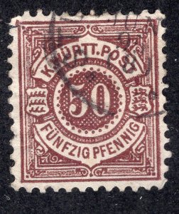 Wurttemberg 1890 50pf purple brown, Scott 68 used, value = 95c