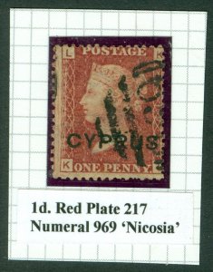 SG 2 Cyprus 1880. 1d red plate 217. Very fine used with a '969' numeral...