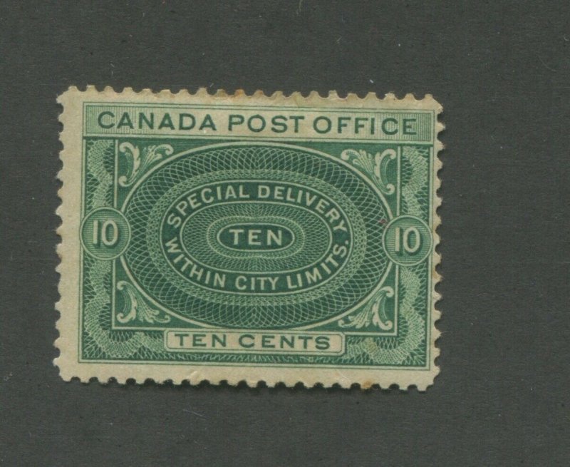 Canada Special Delivery Postage Stamp #E1 Mint Hinged Disturbed OG Toning F/VF