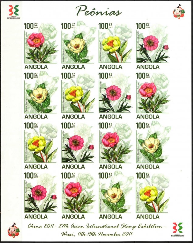 Angola 2011 Flowers Peonies Sheet of 16 Imperf. MNH