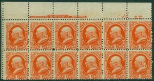 EDW1949SELL : USA 1873 Scott #O15 Top P/B of 12 Mint OG, 5 stamp NH. Cat $1,150.