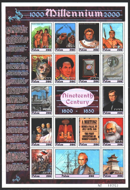 Palau. 2000. Small sheet 1587-1603. Millennium, Napoleon, Marx, Darwin, Boliv...