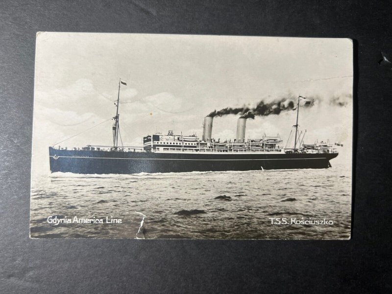 1935 Poland RPPC Ship Postcard Cover Piastow to Overland MI USA TSS Kosciuszko