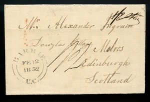 ?TransAtlantic 1852 BARRIE nice b/s's SCOTLAND DUE 1 / 2 stampless cover Canada