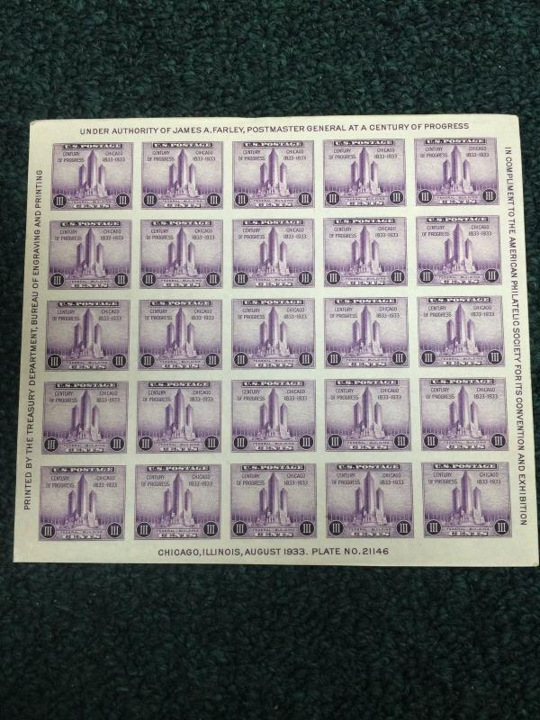 US #731 MNH Souvenir Sheet. 3 cent Chicago imperforate