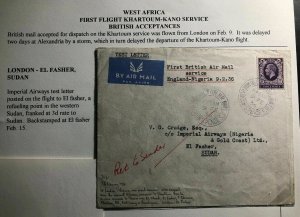 1936 London England First Flight Airmail Cover FFC To El Fasher Sudan